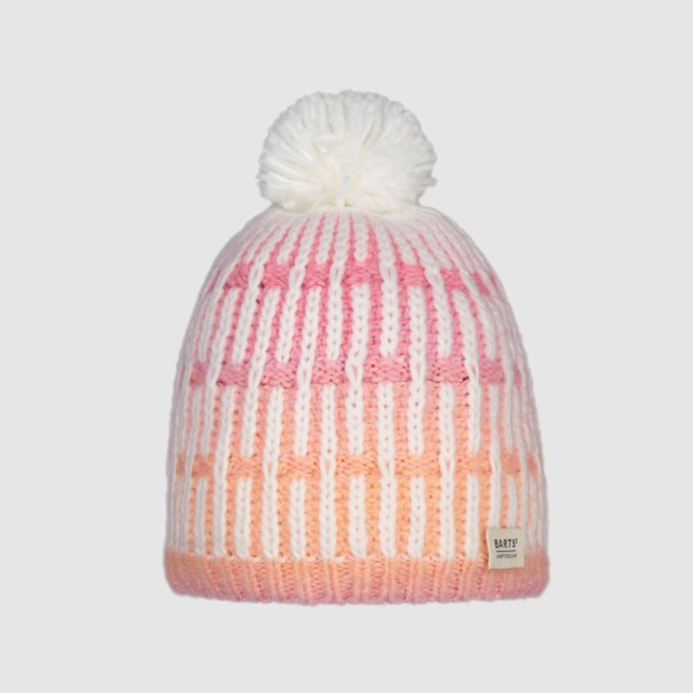 Knitted Girls Winter Hat with pink and orange pattern and white pom-pom on a light gray background