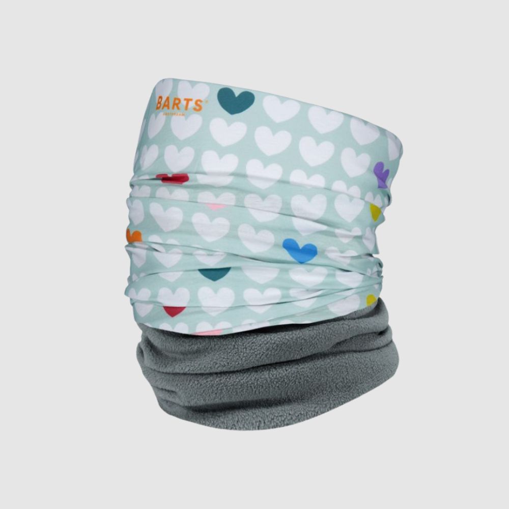 ski neck warmer with love hearts design and grey fleece section