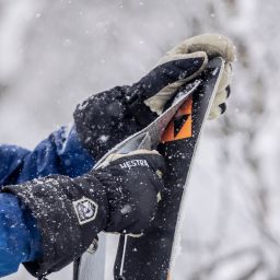 Adult skier wearing Hestra ski gloves on the slopes