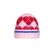 Pink knit beanie with red heart pattern on a white background
