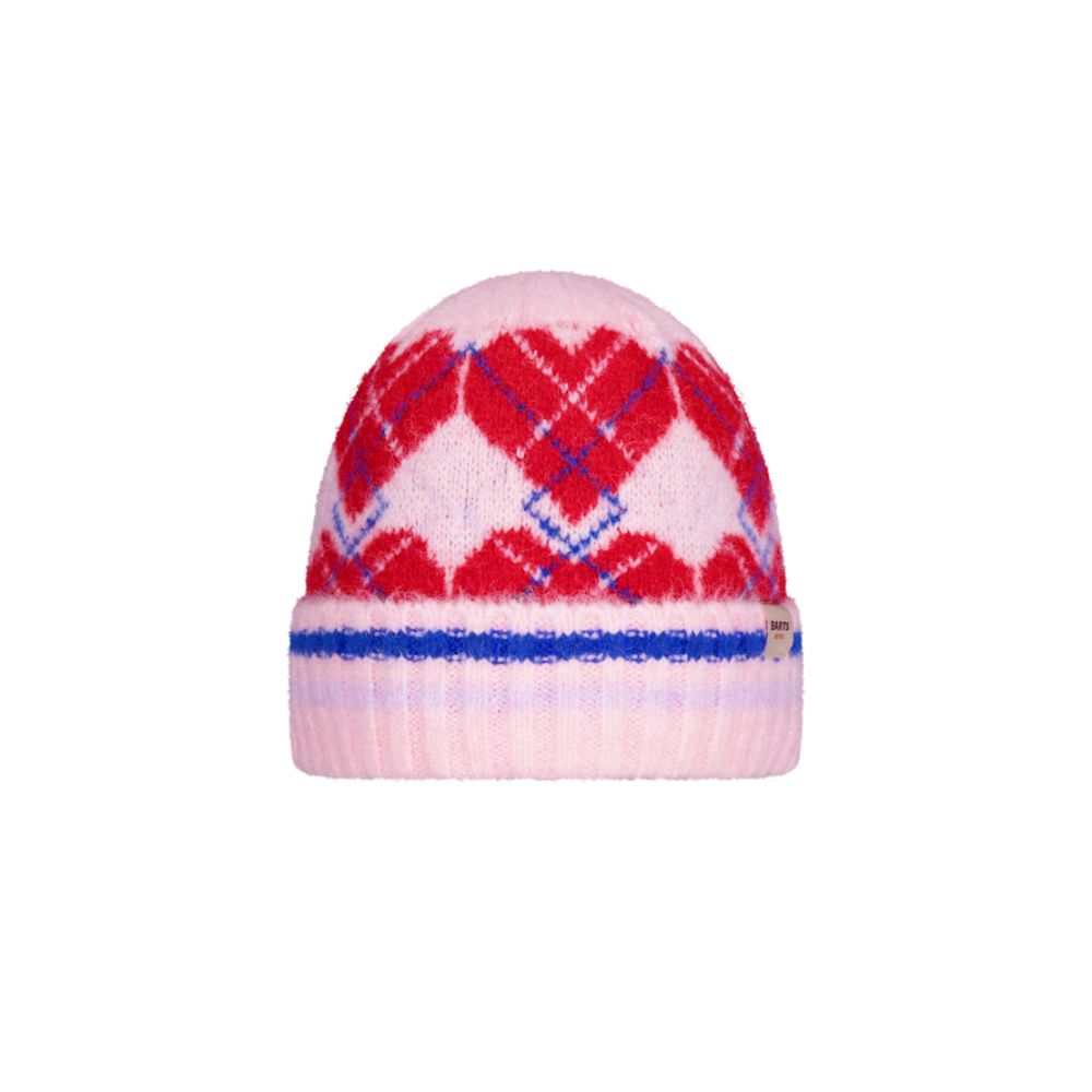 Pink knit beanie with red heart pattern on a white background