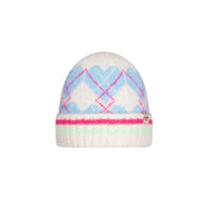 Knitted girls beanie with argyle pattern in pastel colors on a white background