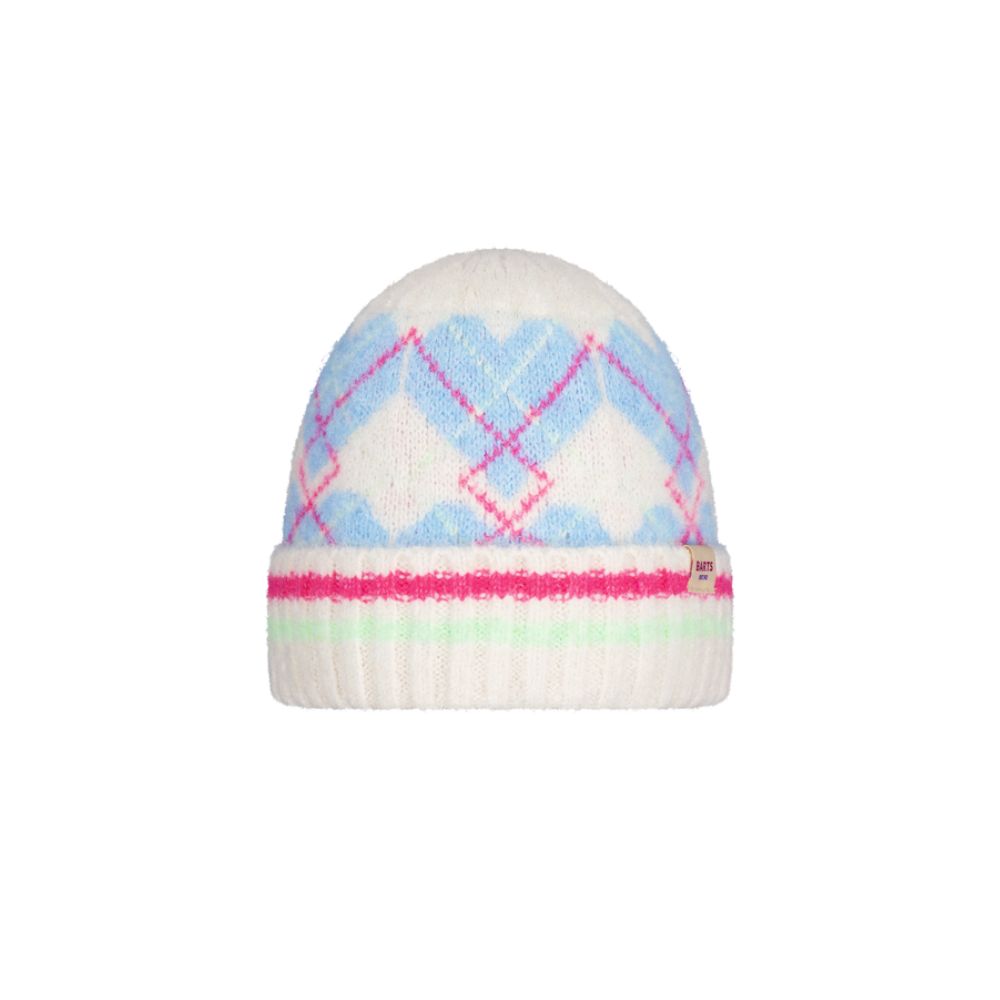 Knitted girls beanie with argyle pattern in pastel colors on a white background