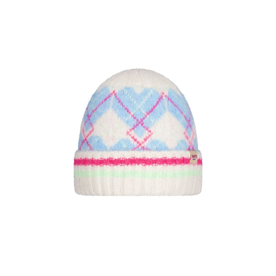 Knitted girls beanie with argyle pattern in pastel colors on a white background