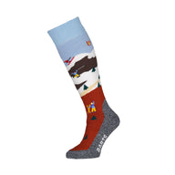 Colorful kid ski sock with mountain and skiing design on a white background