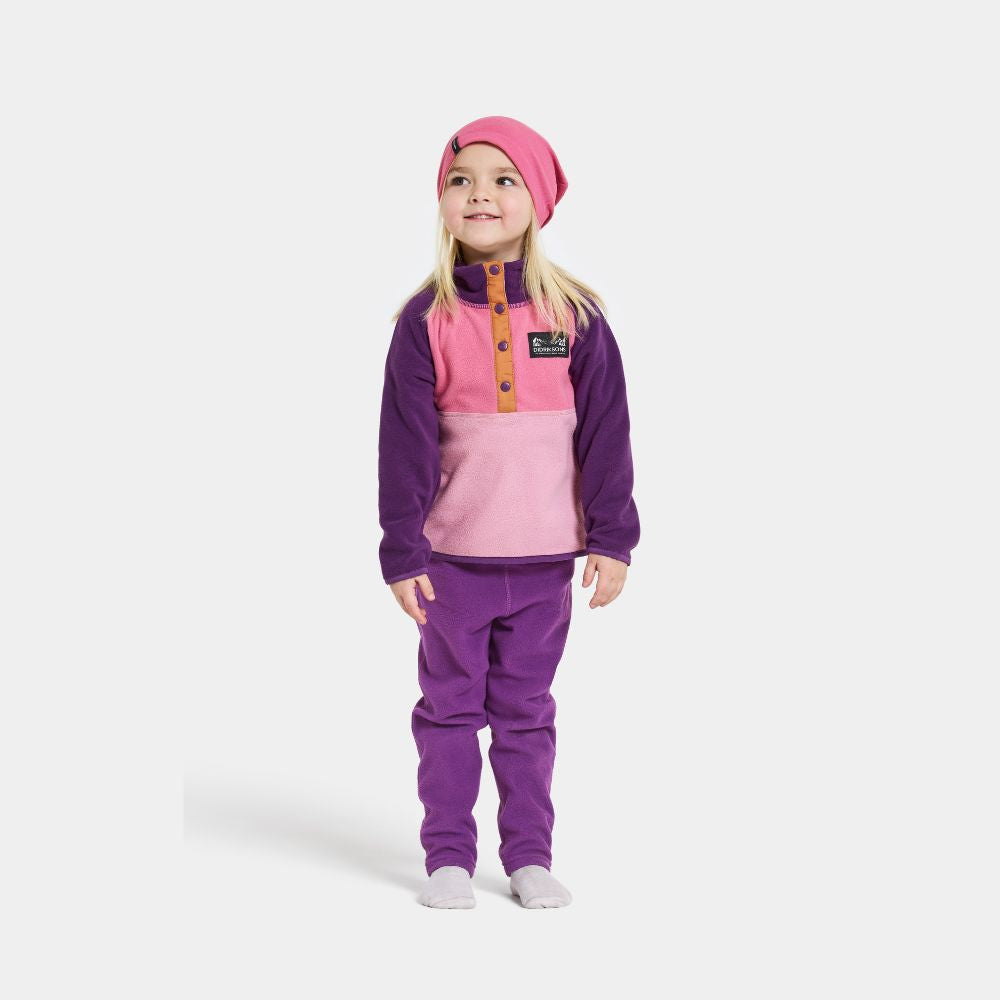 Didriksons Monte Half Button Kids Fleece - Light Heather Pink. Warm girls fleece suitable for skiing and Lapland holidays