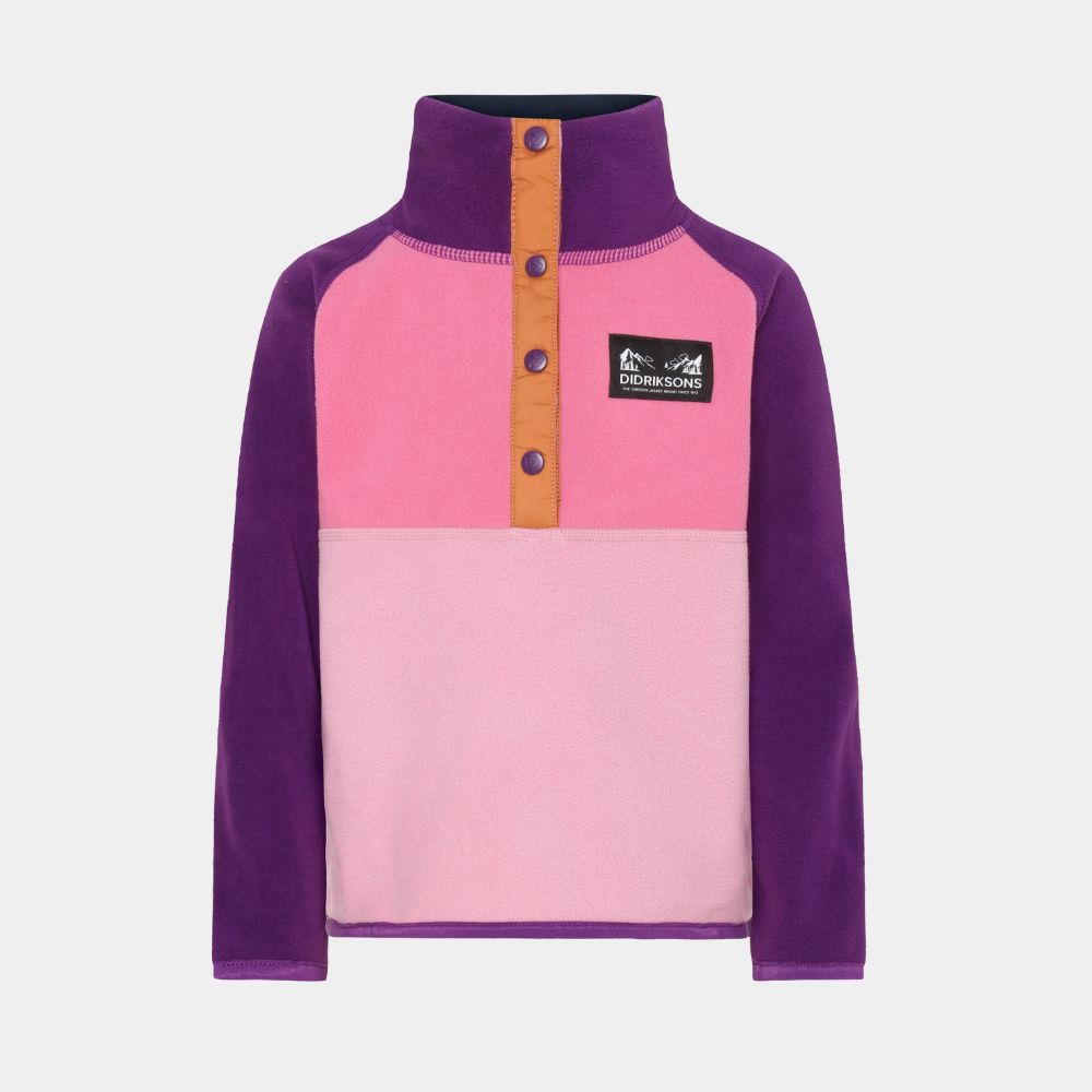 Didriksons Monte Half Button Kids Fleece - Light Heather Pink. Warm girls fleece suitable for skiing and Lapland holidays