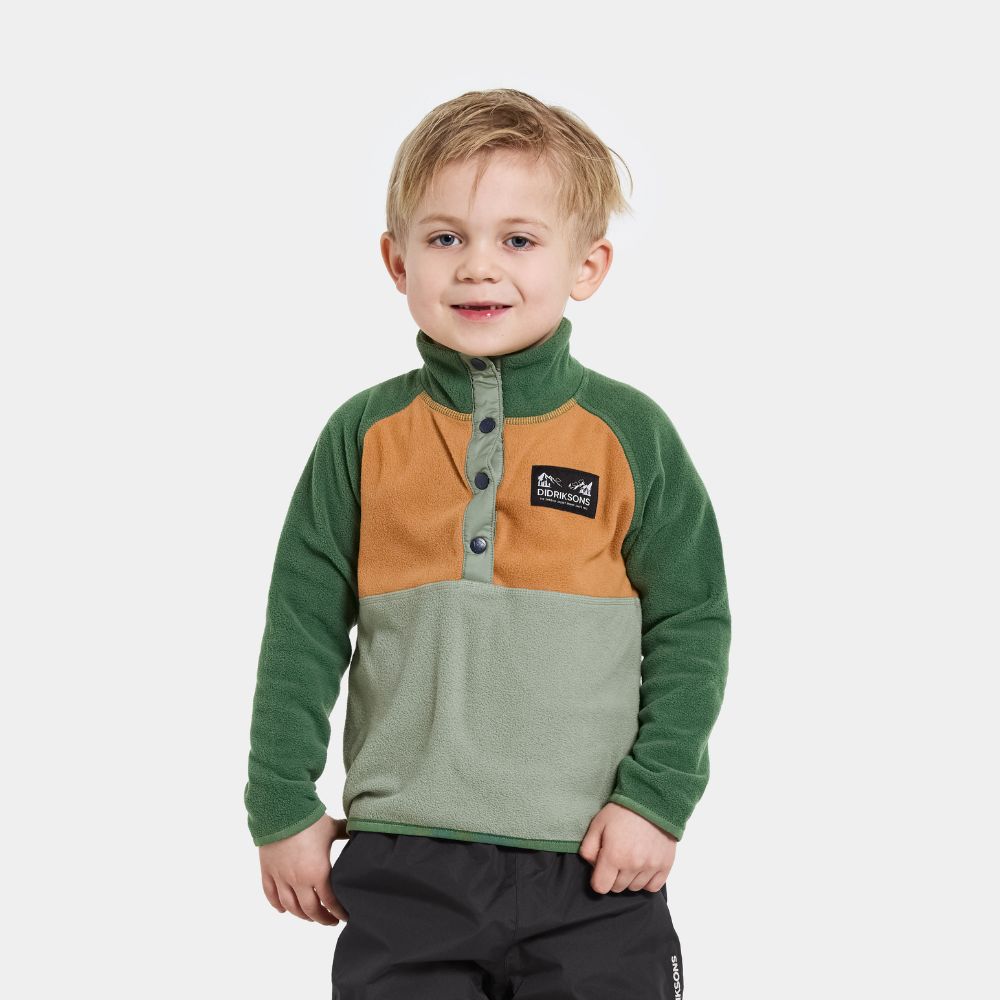 Didriksons Monte Half Button Kids Fleece Light Moss. Boys Fleeces perfect for Skiing and Lapland holidays