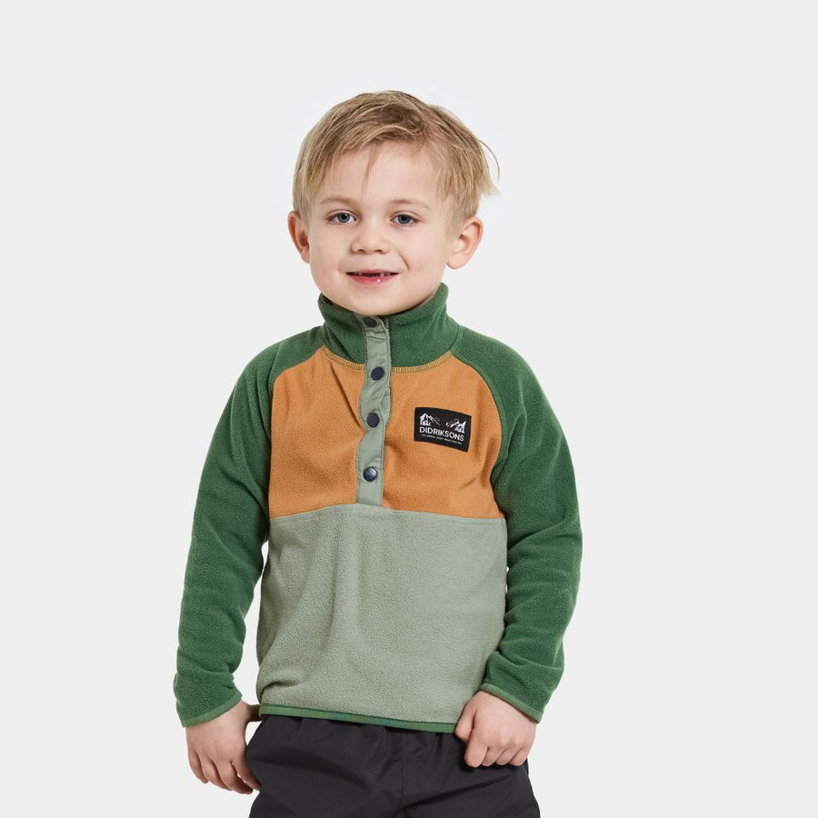 Didriksons Monte Half Button Kids Fleece Light Moss. Boys Fleeces perfect for Skiing and Lapland holidays