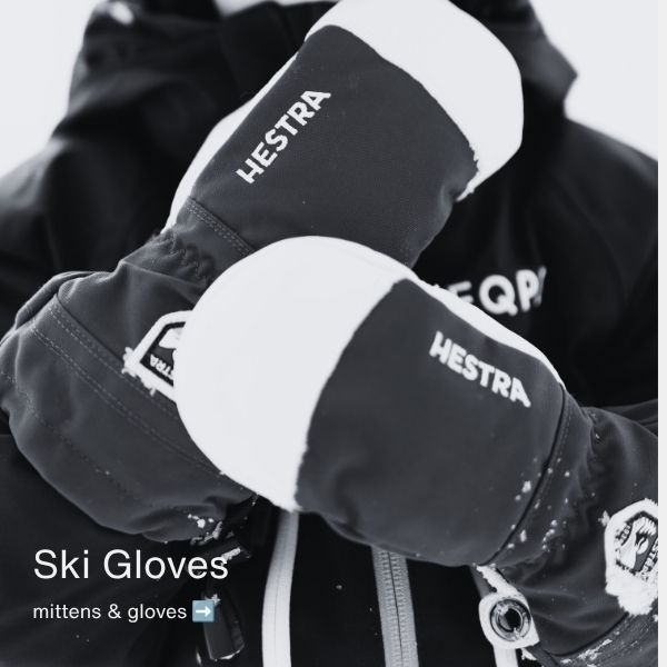 Black and white Hestra ski gloves worn on a person's hands, with the brand name 'HESTRA' printed in white on the cuffs. The image is in black and white, showing a close-up of the gloves and part of the winter jacket.