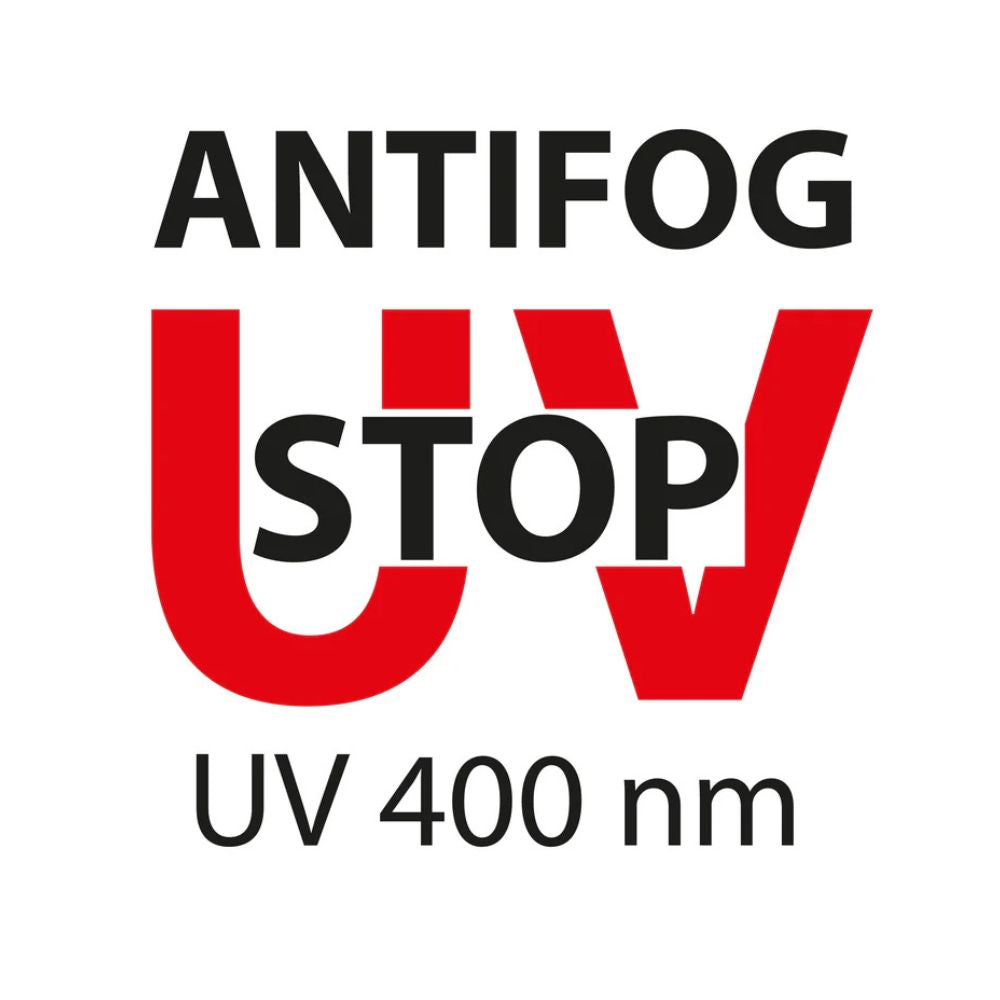 Antifog UV Stop logo with UV 400 nm text on a white background