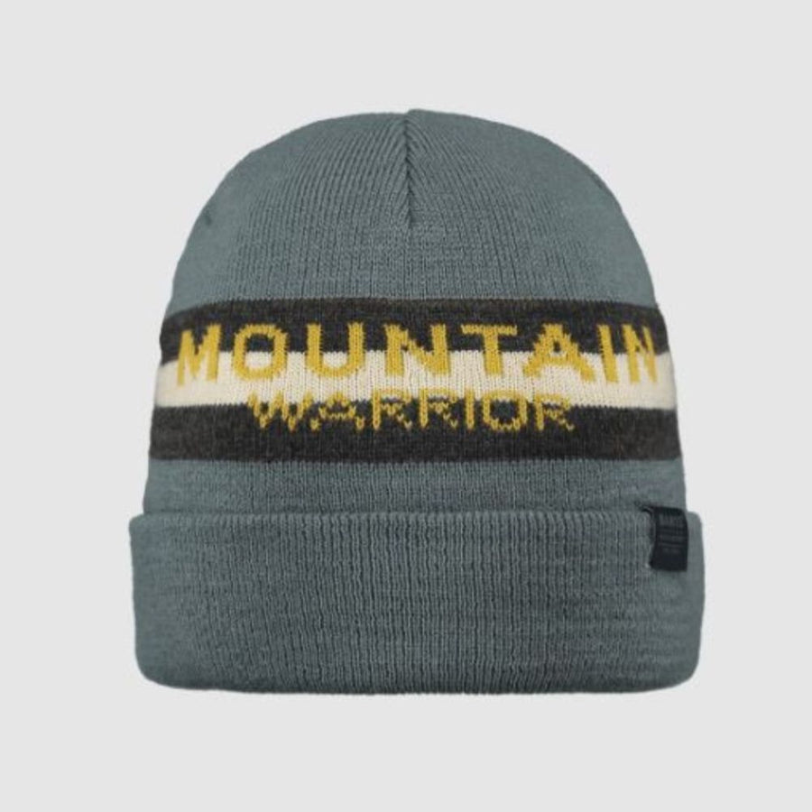 Boys Winter Hat for skiing - Gray knit beanie with 'Mountain Warrior' text on a light gray background