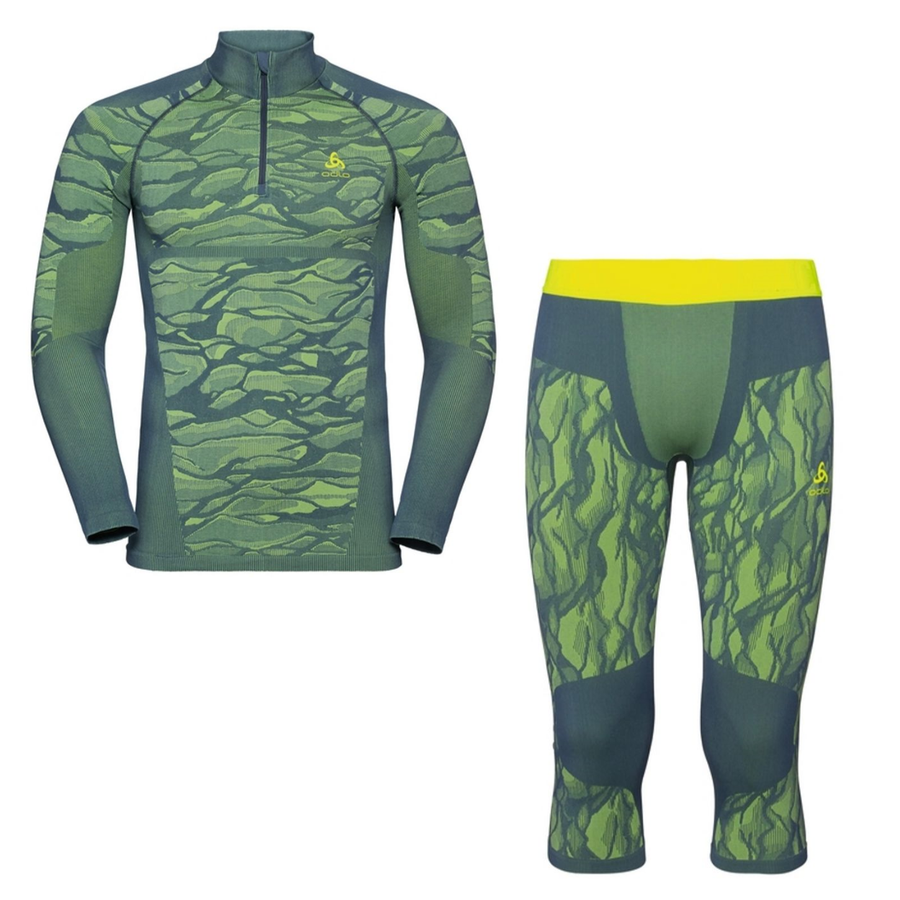 Odlo Men's Base Layer Top & 3/4 Bottoms Bundle - Blackcomb Sea/Yellow