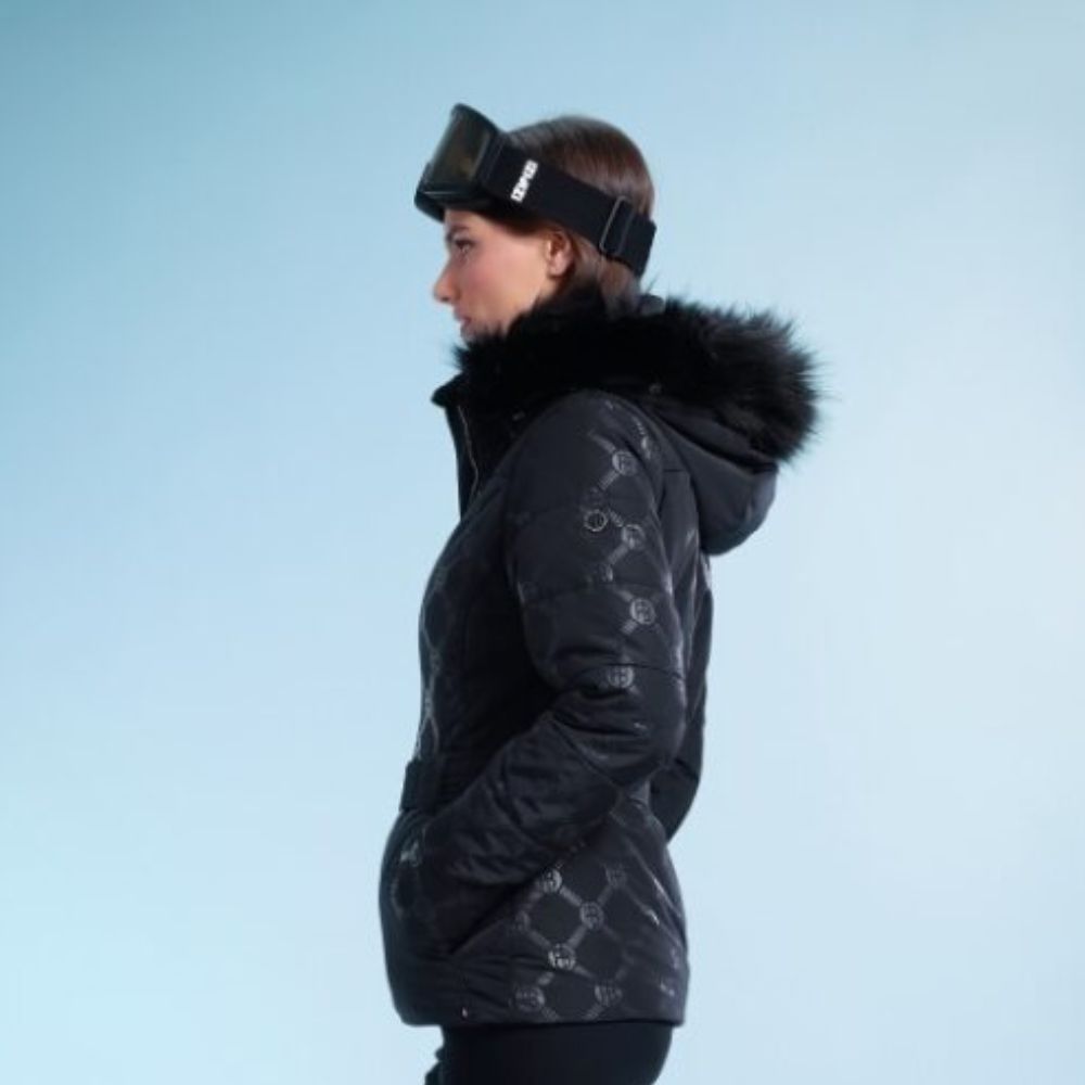 Poivre Blanc Womens Embossed Ski Jacket with fake fur - Black