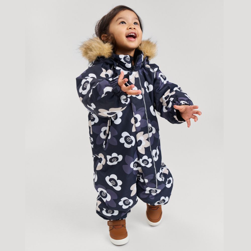 Toddler Snowsuit - Reima Lappi Waterproof Snowsuit, Black Flower.  Perfect for Lapland and Skiing Holidays