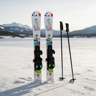 Toddler Plastic skis with colorful design accompanied by poles, on a snowy landscape.