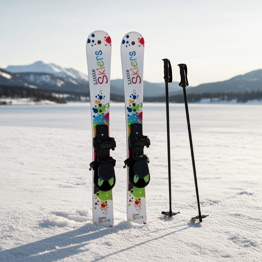 Toddler Plastic skis with colorful design accompanied by poles, on a snowy landscape.