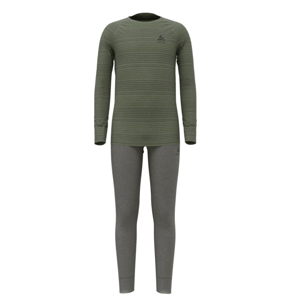 Odlo Base Layer Set Active Warm Kids Grey Melange Matte Green Thermals for KIds Little Skiers Little Skiers